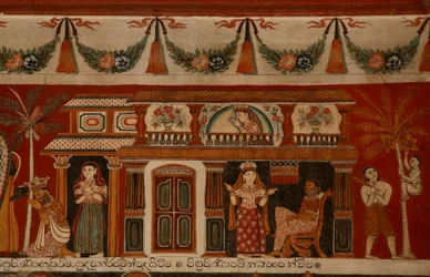 Väggmålning som visar ett singalesiskt hus i Subodharama-templet, Dehiwala (väggmålning)