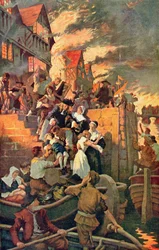 Den stora branden i London 1666, illustration från Hutchinsons "The Story of the British Nation", ca 1920 (färglitografi).