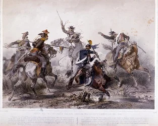 Heroisk incident under den piemontesiska kampanjen under det italienska frihetskriget 1848 (färg litho)
