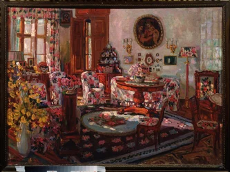 Interiör av Brasovo herrgård. Målning av Stanislav Yulianovich Zhukovsky (Zhukovsky) (1873-1944), olja på duk