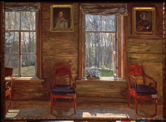 Glad maj. (Utsikt över en solig skog, genom fönstren i ett hus på landet, dekorerad med målade porträtt och gardiner). Målning av Stanislav Yulianovich Zhukovsky (Zhukovsky) (1873-1944), olja på duk
