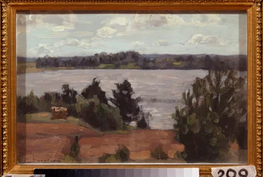 På stranden av sjön. Verk av Stanislav Yulianovich Zhukovsky (Zhukovsky) (1873-1944), olja på kartong