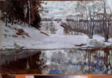 En flod befriad från is. Målning av Stanislav Yulianovich Zhukovsky (Zhukovsky) (1873-1944), olja på duk