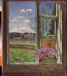 Violer framför fönstret. Målning av Stanislav Yulianovich Zjukovsky (Zjukovsky) (1873-1944), olja på duk 1931. Rysk konst, 1900-talet, modern konst. Statens konstmuseum, Dnepropetrovsk (Ukraina).
