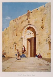 Akvarell av Stanley Inchbold, föreställande kung David eller Sionporten, i Jerusalem, Palestina 1906