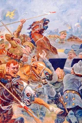 The 9th Lancers Charge under Retreat from Mons (färg litho)