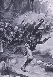 Britterna laddar Ashantis vid Amoaful, 31 januari 1874, illustration från brittiska striderna på land och hav, 1915