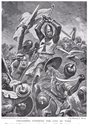 Korsfarare stormar staden Tyrus, illustration från "Hutchinson