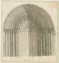 Tutbury Priory Church - Arch in West Door: penna och sepiateckning, nd [1762-1802] (tryck)