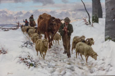 Kommer tillbaka från marknaden efter snöfallet", före 1877 (olja på duk)