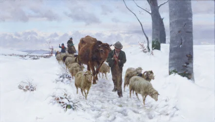 På väg tillbaka från marknaden efter snöfallet, före 1877 (olja på duk)