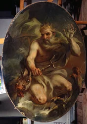 Neptunus (Poseidon) med en krona och en treudd representerad med havsmonster (Neptunus). Målning av Stefano Torelli (1712-1784). Olja på duk