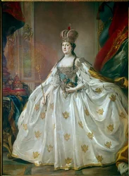 Porträtt av den ryska kejsarinnan Katarina II den stora (1729-1796) i sin kröningsklänning. Målning av Stefano Torelli (1712-1784), 1700-talet, Eremitaget, Sankt Petersburg