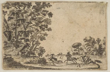 Plåt 4: en hjortjakt, två ryttare som galopperar mot höger bakom tre hundar och ..., efter 1642. Skapare: Stefano della Bella, Okänd.