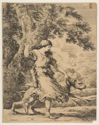 En nymf som håller en stor hund i halsbandet, ca. 1654.