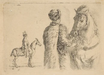 En polsk brudgum, från baksidan, håller en häst i tränsen, ca. 1662.