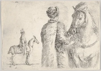 En polsk betjänt, sedd bakifrån, håller tygeln på en häst åt höger, en polsk hor..., ca. 1662.