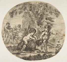 Ett barn och ett satyrbarn som leker med en get, ca. 1657.