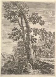 En fiskare i mitten vänd mot vänster och lutad mot ett stort träd, en kvinna som går..., ca. 1652-57.
