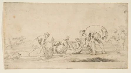 En fiskare som tar in sina nät, en man till vänster som skjuter en bal till höger, tvåsits..., ca. 1662.