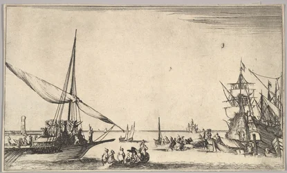 En pentry som anländer till hamn till vänster, flera roddbåtar i mitten, fartyg i hamn till höger, från..., 1639.