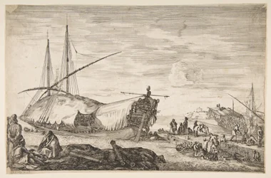 En galär täckt av segel till vänster, sex kanoner och fyra personer till vänster i förgrunden, en ..., 1655.