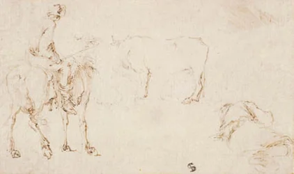En ryttare, en ko och en sovande man