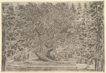 Ett stort bebott träd i centrum med ramper som leder runt stammen, nedanför en stenpa..., ca. 1653.
