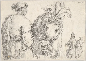 En man till vänster i profilen ger en handfull hö till en häst i mitten, en ryttare till t..., ca. 1662.