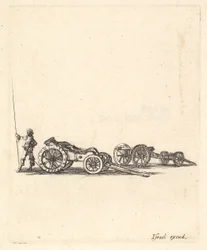 En mortel och en kanon, båda monterade på vagnar, en soldat visad från den bakre sta..., ca. 1638-43.