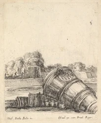 Ett mortel utan vagn liggande på marken till höger, soldater som avfyrar kanon..., ca. 1638-43.