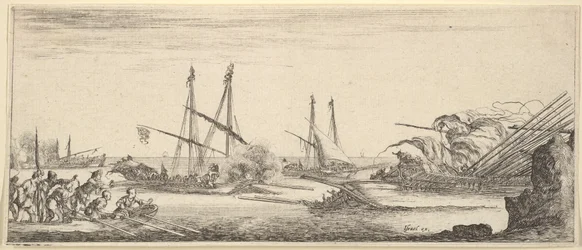 Ett sjöslag, en roddbåt full med män till vänster, ett sjunkande skepp till höger, två galärer ba..., ca. 1641.