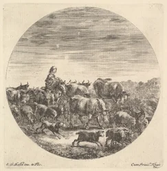 En bondkvinna som satt på en häst till vänster, vänd till höger, omgiven av en flock fc..., ca. 1643-48.