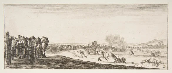 En procession av hästdragna kanonvagnar till vänster, ryttare i strid och en död ho..., ca. 1641.