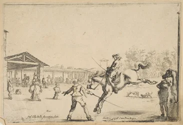 En ridskola, en ryttare med svärdshoppning regisserad av en annan man med svärd i..., ca. 1645.