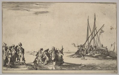 En roddbåt full av män i mitten, en grupp män som står på stranden till vänster, ett skepp fullt av ..., 1639.