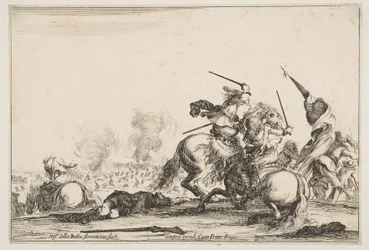 En skärmytsling, två ryttare som slåss med svärd till höger, män som bär en flagga runnin..., ca. 1645.