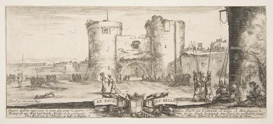 En ingång till en fästning i centrum, en kvinna med barn vid en eld till höger, sol..., ca. 1641.