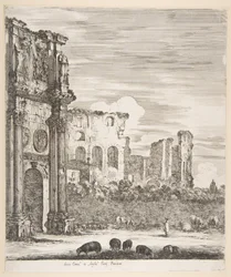Konstantinbågen och Colosseum med betande får i förgrunden, ur "Sex stora vyer, fyra över Rom och två över den romerska Campagnan" (Sex stora vyer, varav fyra över Rom och två över den romerska Campagnan)