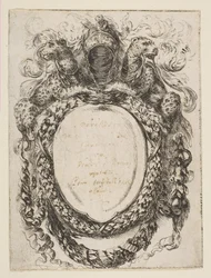 Kartusch krönt av hjälm och leoparder, 1647.