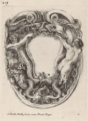 Cartouche med stöd av Triton och Siren