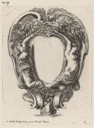 Kartusch med två nymfer omvandlade till träd, 1647.