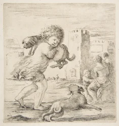 Barn som bär en valp på axeln, ca. 1662.
