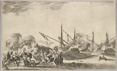 Strid mellan flera roddbåtar och fartyg, två grupper av män i roddbåtar som slåss till vänster..., 1639.