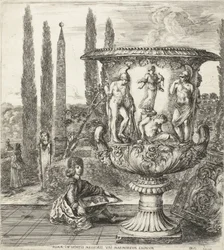 De unge Cosimo III de Medici tekent de Medici-vaas Rom, i trädgårdarna i Medici, en exceptionell marmor (titel på objekt) Gezichten op Rome och omgeving (serietitel) Sex grandes vues, dont quatre de Rome et deux de la Campagne romaine (serietitel)