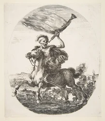 Döden på hästryggen med en trumpet, från The five deaths Les cinq Morts, ca. 1648.