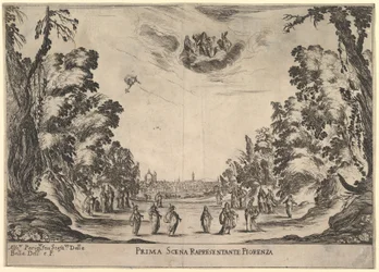 Första scenen, i Florens, från gudarnas äktenskap Le nozze degli Dei, 1637.