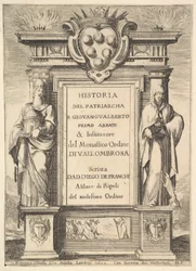 Frontispice: ett monument dekorerat med Medicis vapen överst i mitten, lågor a..., 1640.