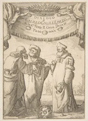 Frontispice för dialog av Galileo Galilei, 1632.