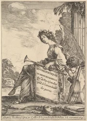 Frontispice för dikter av Desmarets Oeuvres poétiques de Desmarets: a winged woman rep..., 1641.